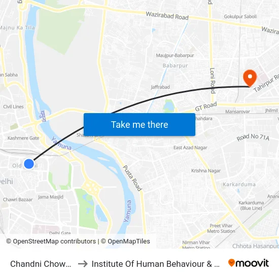 Chandni Chowk Metro to Institute Of Human Behaviour & Allied Science map