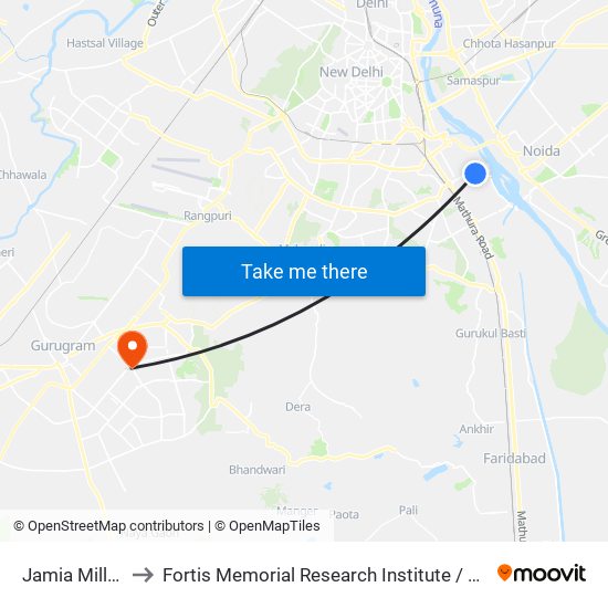 Jamia Millia Islamia to Fortis Memorial Research Institute / Fortis Vivekanand Hospital map