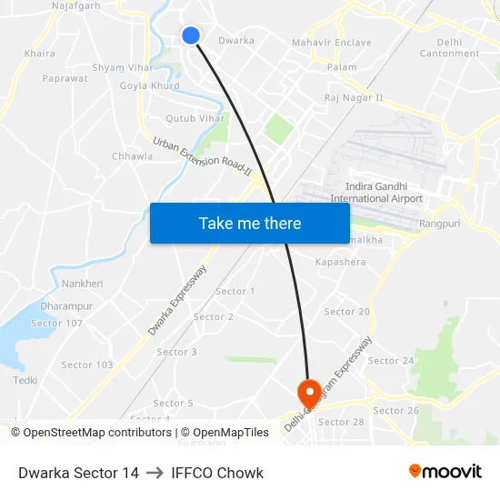 Dwarka Sector 14 to IFFCO Chowk map