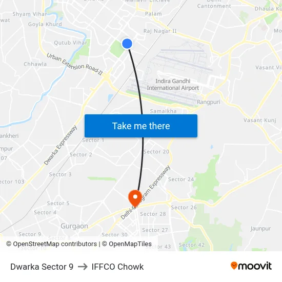 Dwarka Sector 9 to IFFCO Chowk map