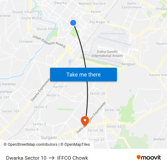 Dwarka Sector 10 to IFFCO Chowk map