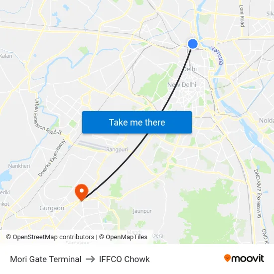 Mori Gate Terminal to IFFCO Chowk map
