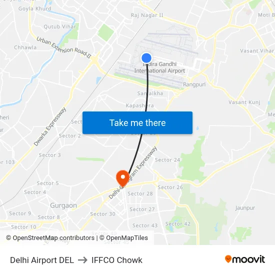 Delhi Airport DEL to IFFCO Chowk map