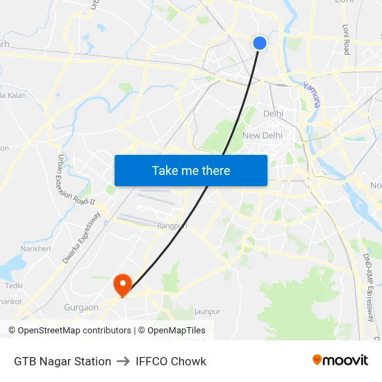 GTB Nagar Station to IFFCO Chowk map