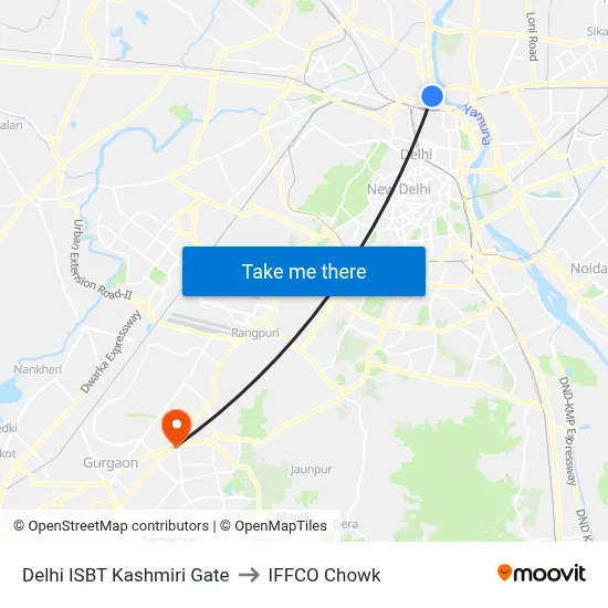 Delhi ISBT Kashmiri Gate to IFFCO Chowk map