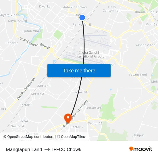 Manglapuri Land to IFFCO Chowk map