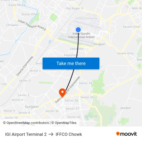 IGI Airport Terminal 2 to IFFCO Chowk map