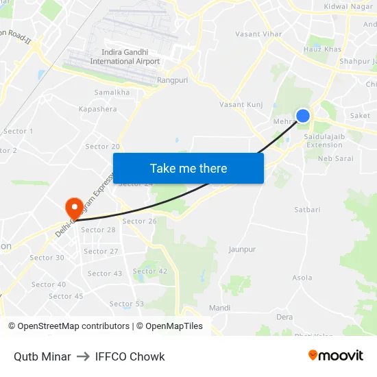 Qutb Minar to IFFCO Chowk map