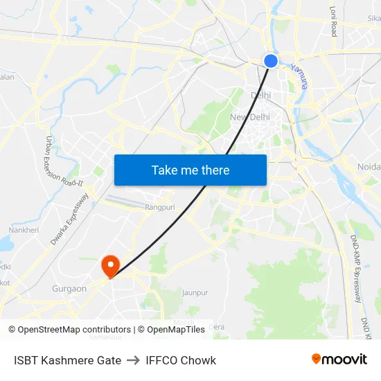 ISBT Kashmere Gate to IFFCO Chowk map