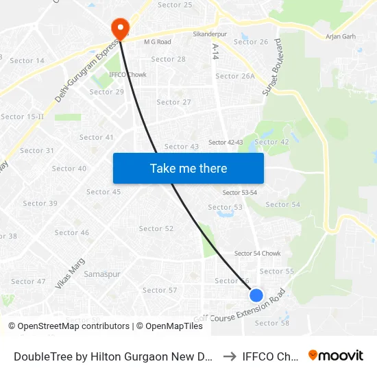 DoubleTree by Hilton Gurgaon New Delhi NCR to IFFCO Chowk map