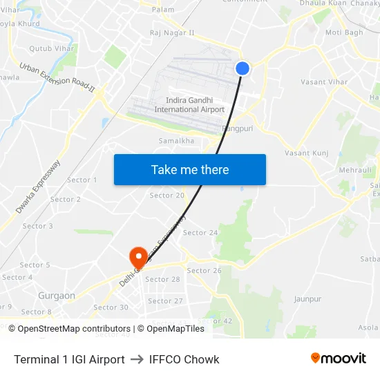 Terminal 1 IGI Airport to IFFCO Chowk map