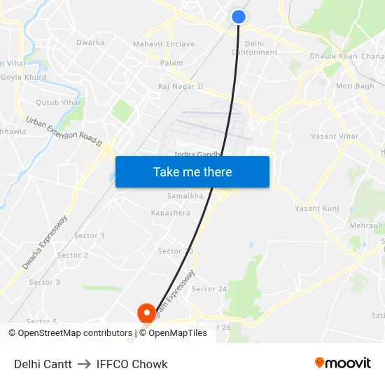 Delhi Cantt to IFFCO Chowk map