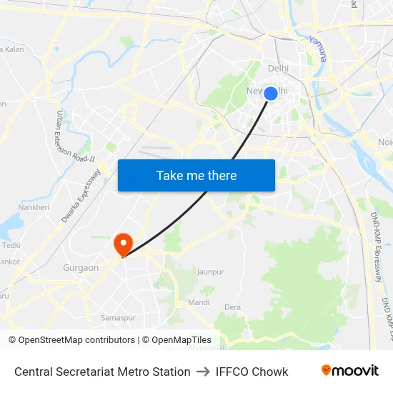 Central Secretariat Metro Station to IFFCO Chowk map