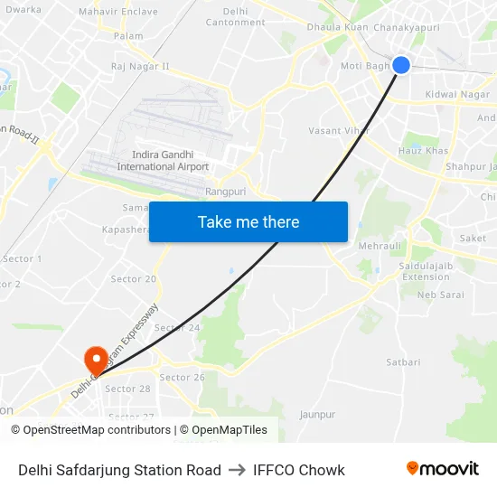 Delhi Safdarjung Station Road to IFFCO Chowk map