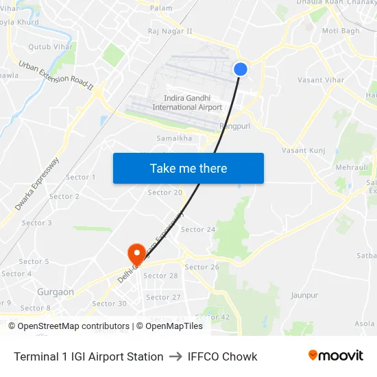 Terminal 1 IGI Airport Station to IFFCO Chowk map