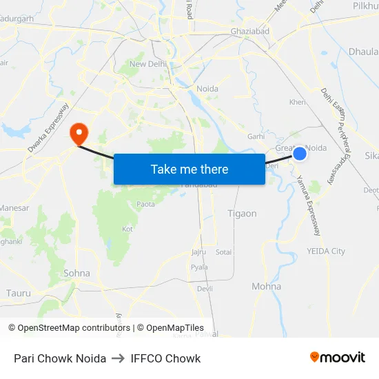 Pari Chowk Noida to IFFCO Chowk map