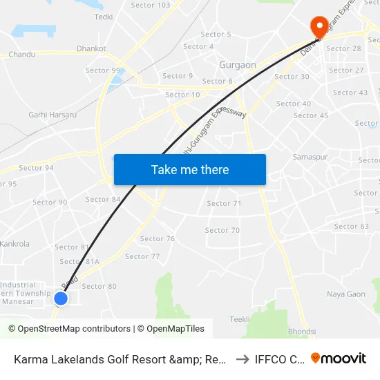 Karma Lakelands Golf Resort &amp; Residences, Gurgaon to IFFCO Chowk map