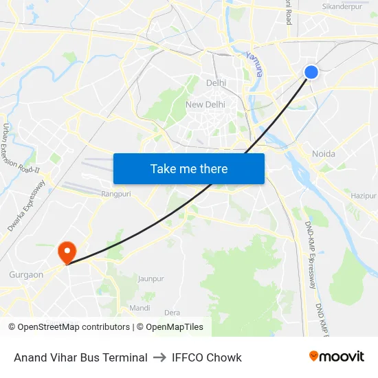 Anand Vihar Bus Terminal to IFFCO Chowk map