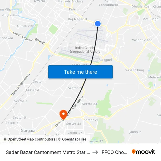 Sadar Bazar Cantonment Metro Station to IFFCO Chowk map