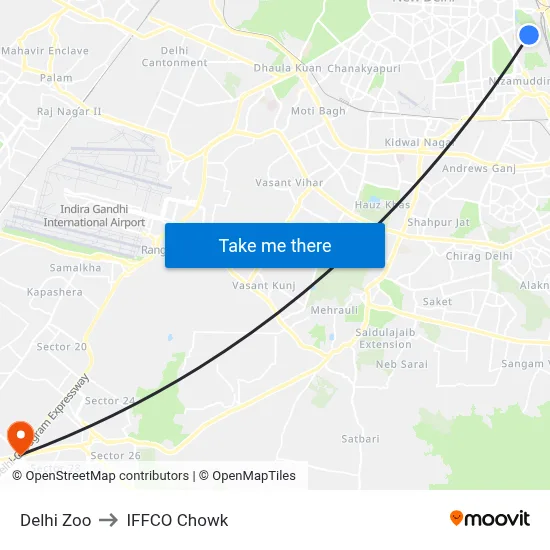 Delhi Zoo to IFFCO Chowk map