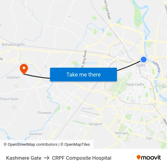 Kashmere Gate to CRPF Composite Hospital map