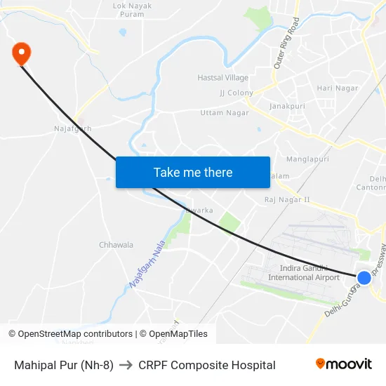 Mahipal Pur (Nh-8) to CRPF Composite Hospital map