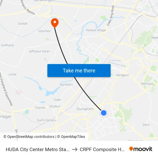 HUDA City Center Metro Station (B) to CRPF Composite Hospital map