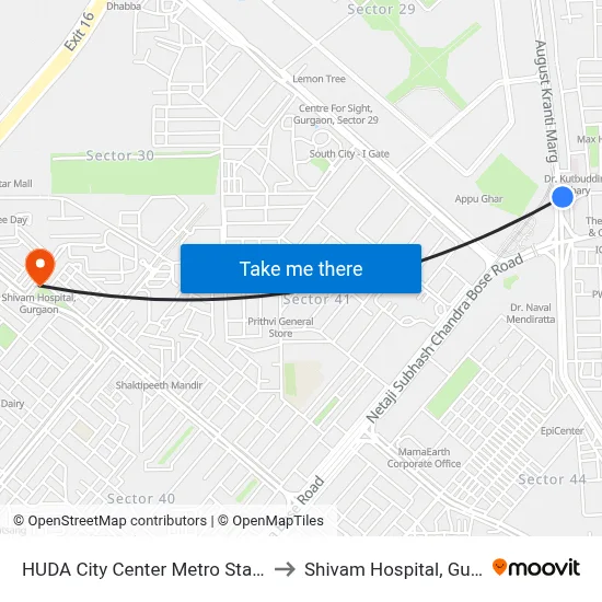 HUDA City Center Metro Station (B) to Shivam Hospital, Gurgaon map