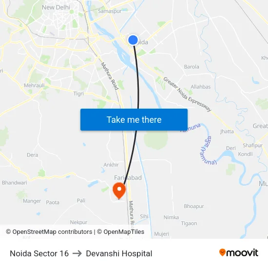 Noida Sector 16 to Devanshi Hospital map