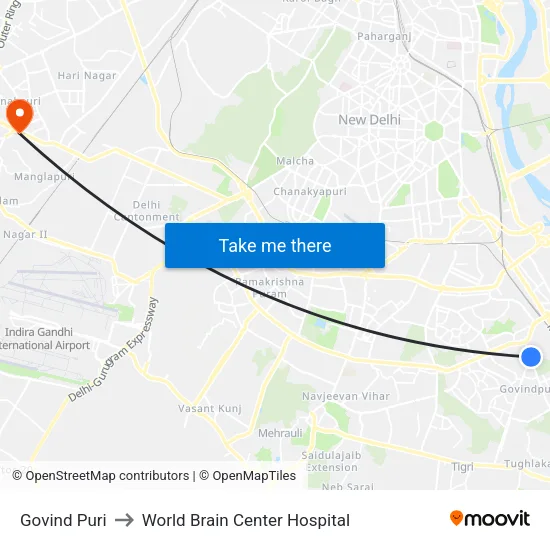 Govind Puri to World Brain Center Hospital map