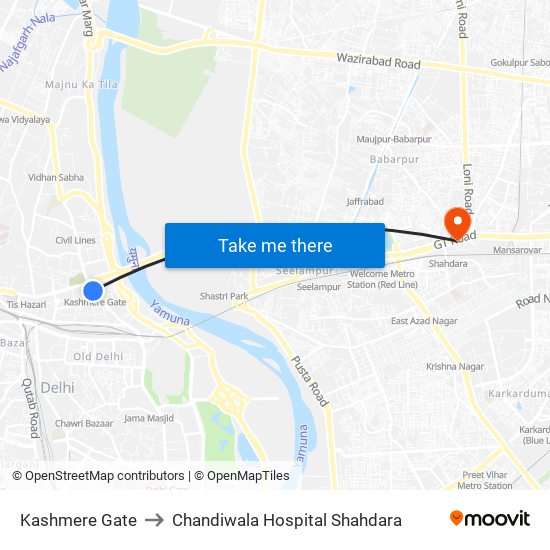 Kashmere Gate to Chandiwala Hospital Shahdara map