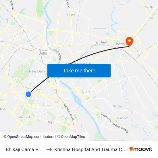 Bhikaji Cama Place to Krishna Hospital And Trauma Centre map