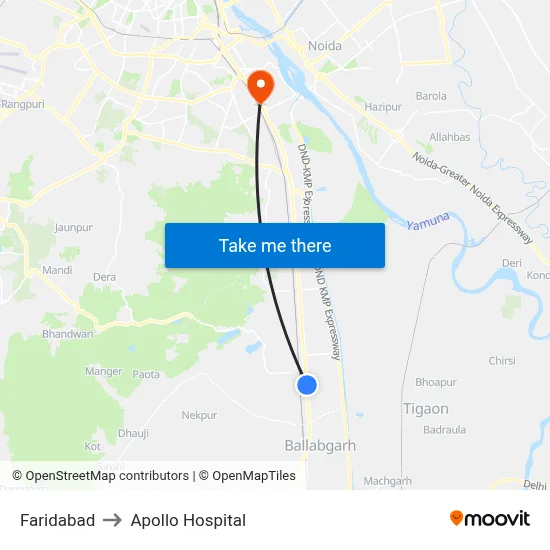 फरीदाबाद to अपोलो अस्पताल map