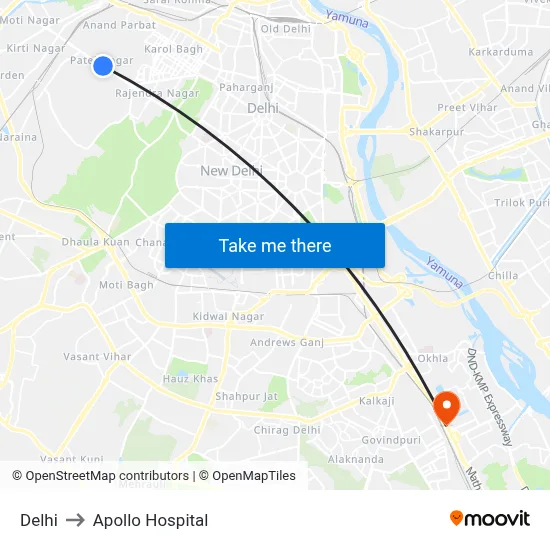 दिल्ली to अपोलो अस्पताल map