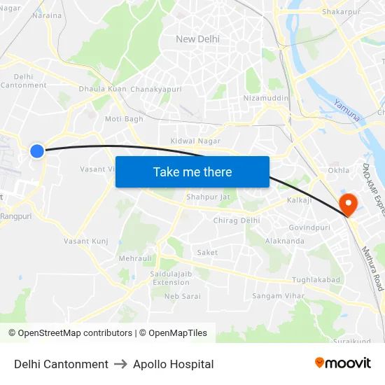 Delhi Cantonment to Apollo Hospital map