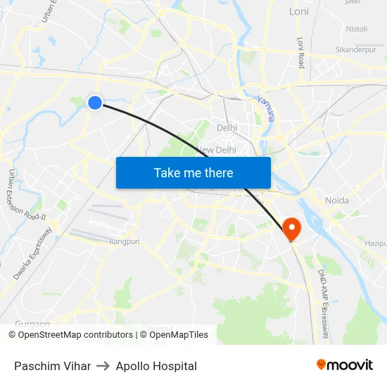 Paschim Vihar to Apollo Hospital map