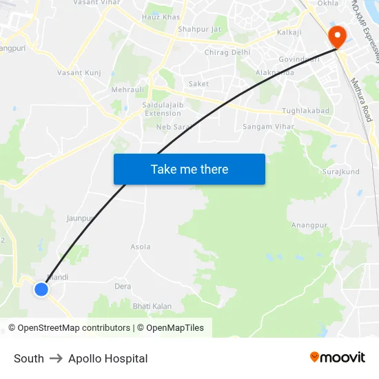 साउथ to अपोलो अस्पताल map
