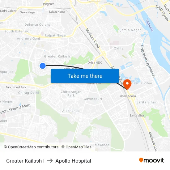 Greater Kailash I to Apollo Hospital map