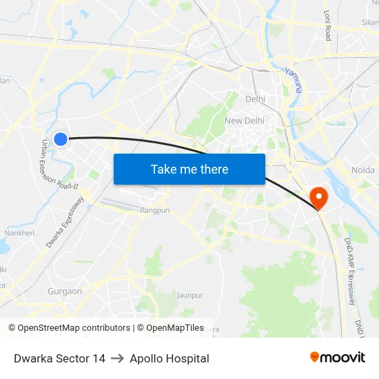 Dwarka Sector 14 to Apollo Hospital map