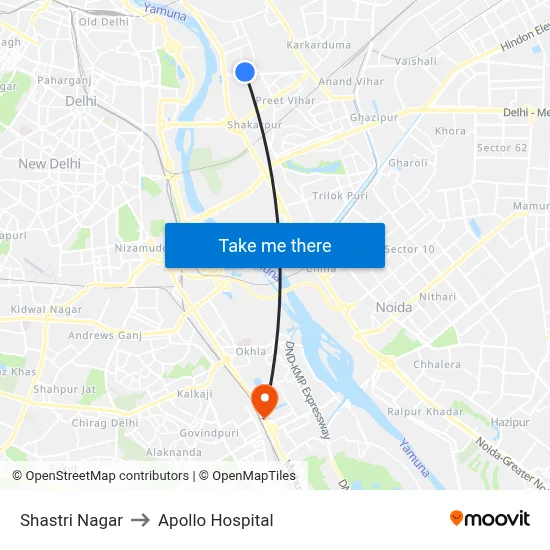 Shastri Nagar to Apollo Hospital map