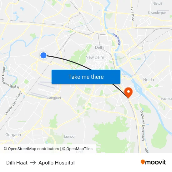 Dilli Haat to Apollo Hospital map