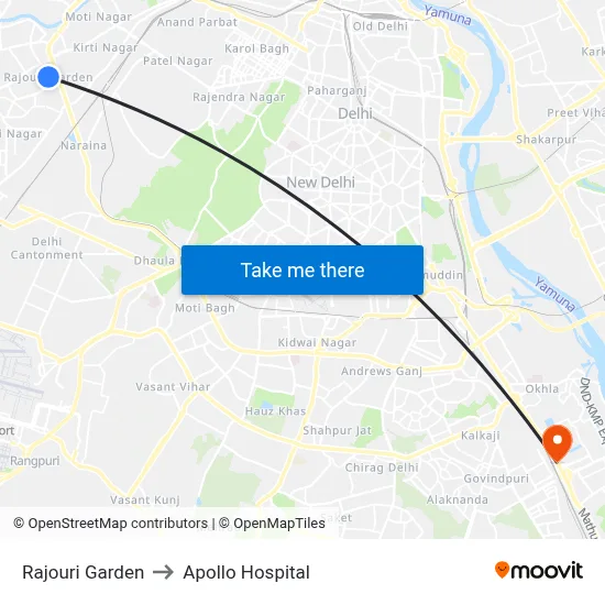 Rajouri Garden to Apollo Hospital map