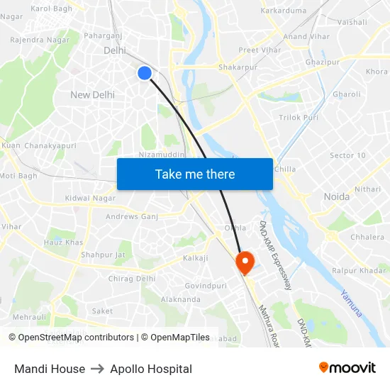 Mandi House to Apollo Hospital map