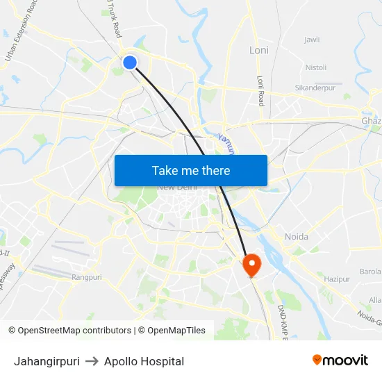 Jahangirpuri to Apollo Hospital map