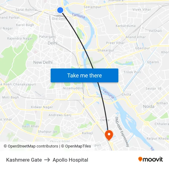 Kashmere Gate to Apollo Hospital map