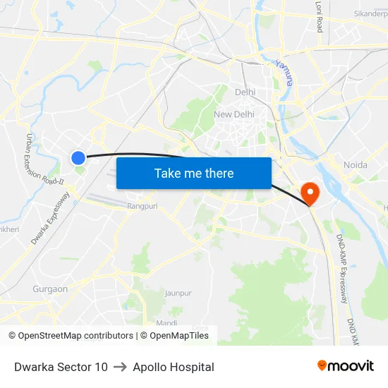 Dwarka Sector 10 to Apollo Hospital map