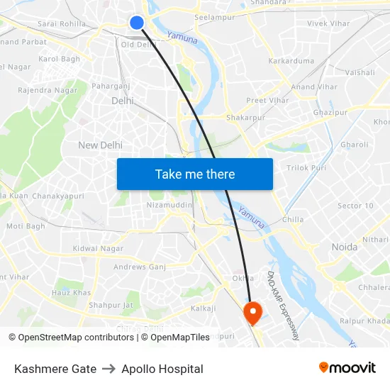 Kashmere Gate to Apollo Hospital map