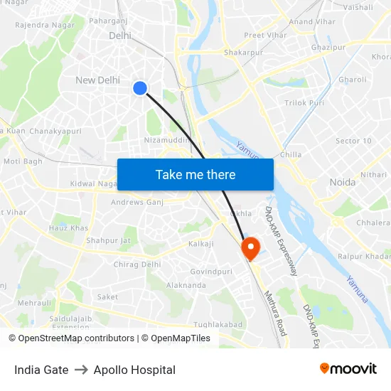India Gate to Apollo Hospital map