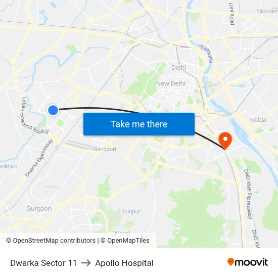 Dwarka Sector 11 to Apollo Hospital map