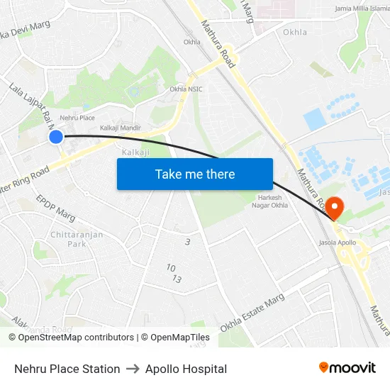 Nehru Place Station to Apollo Hospital map